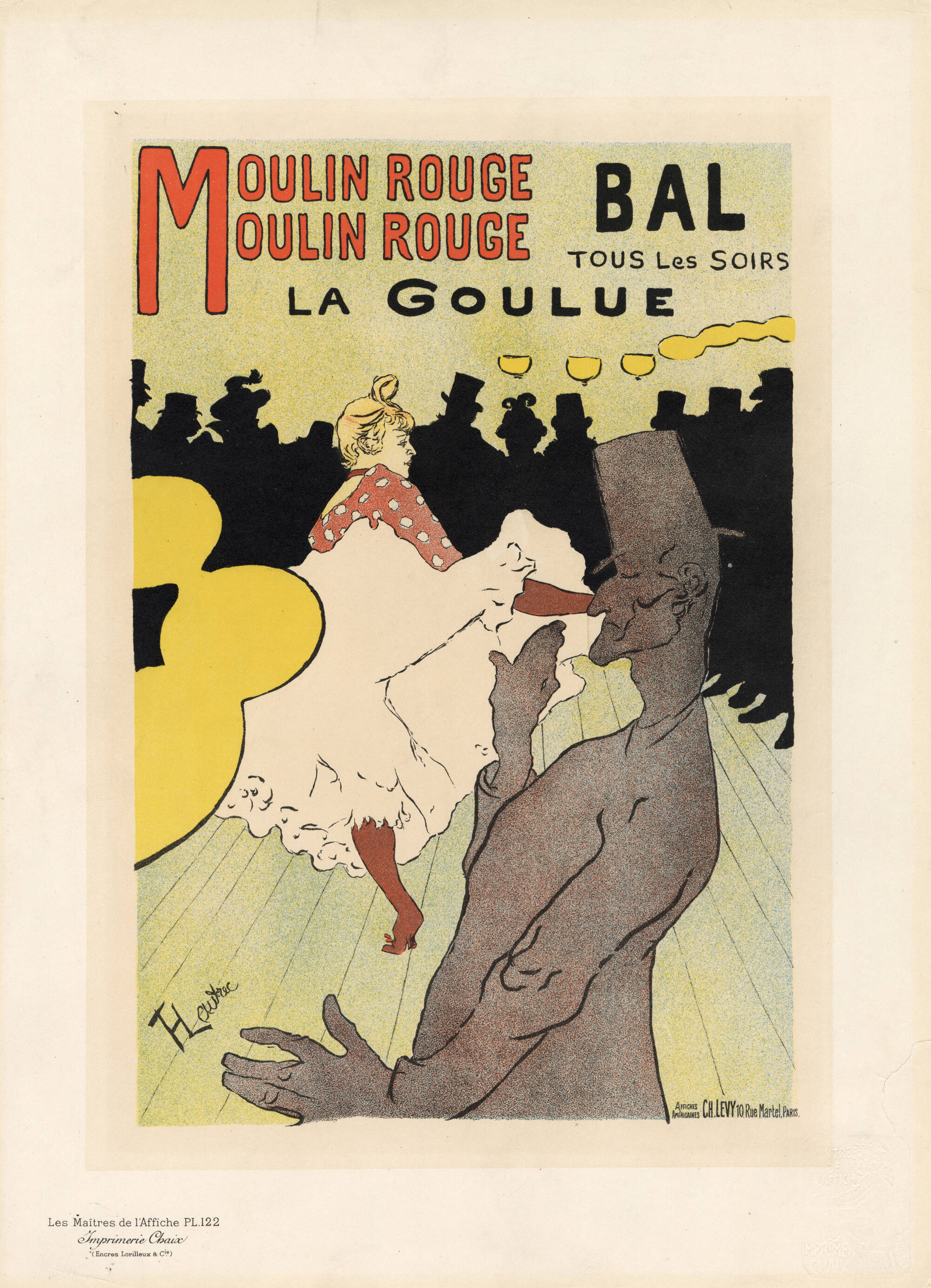 French print fo the Moulin Rouge with an image of a man and a crowd, watching a woman dancing.